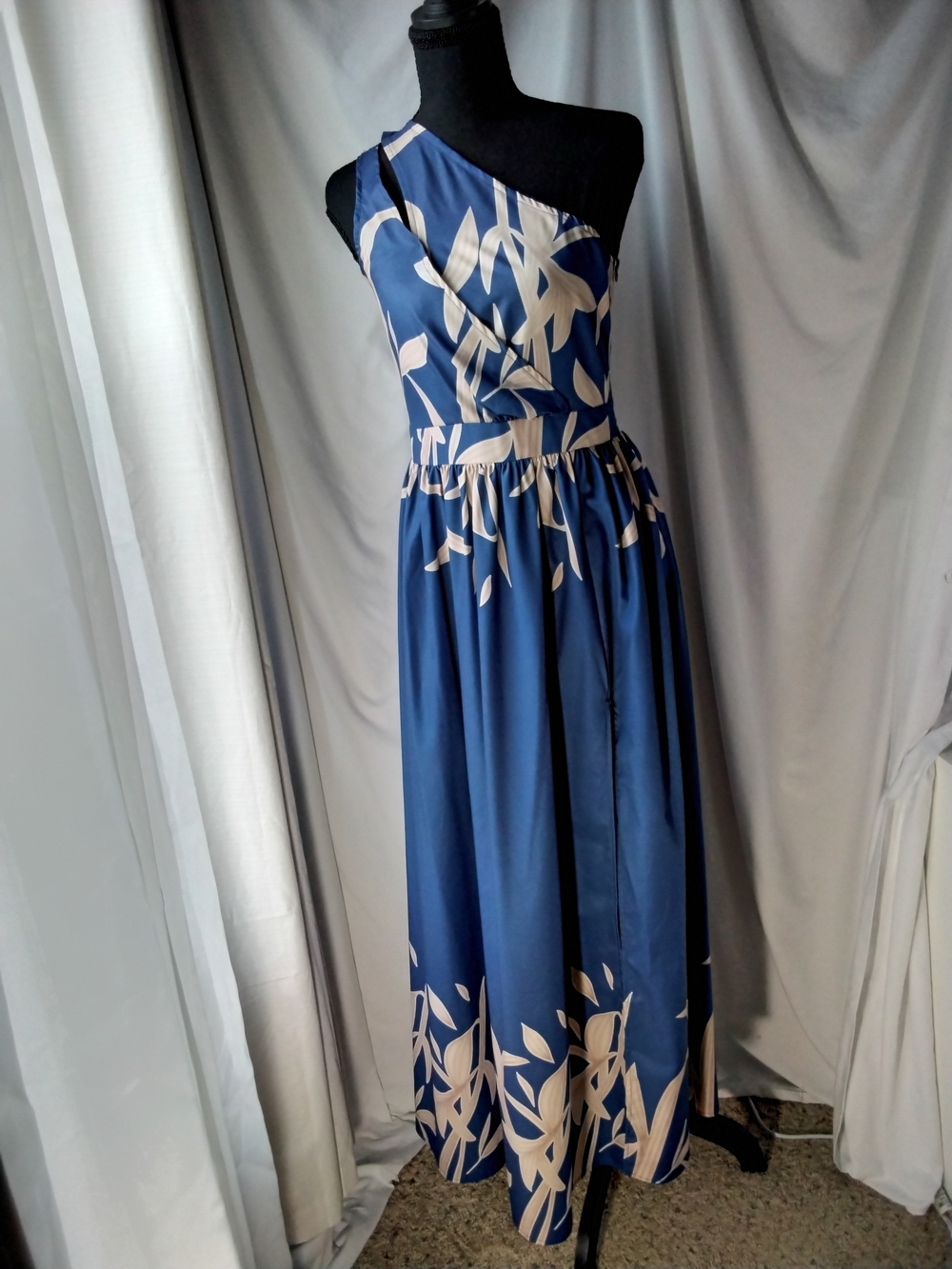 SHEIN One-Shoulder Navy and Cream Floral Maxi Dress